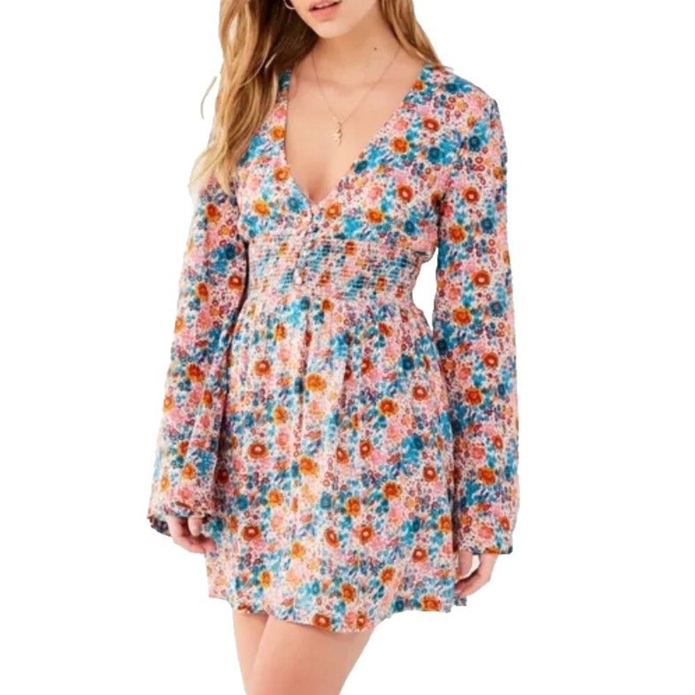 Urban Outfitters Women Dress Medium Multicolor  Floral Smocked Waist Bell Sleeve
